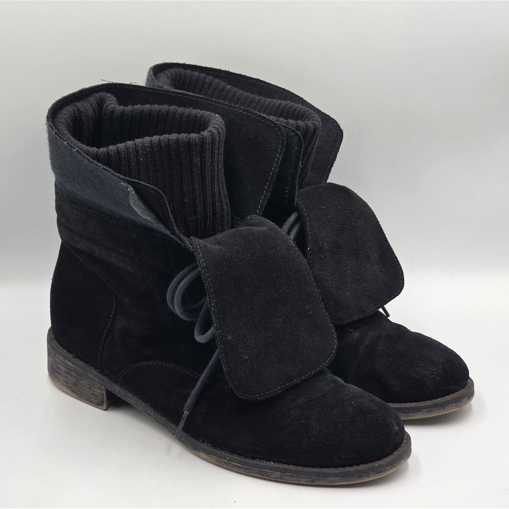 Boutique 9 Women's 9.5 Black Suede Ankle Boots Foldover Flap Ribbed Knit Cuff
